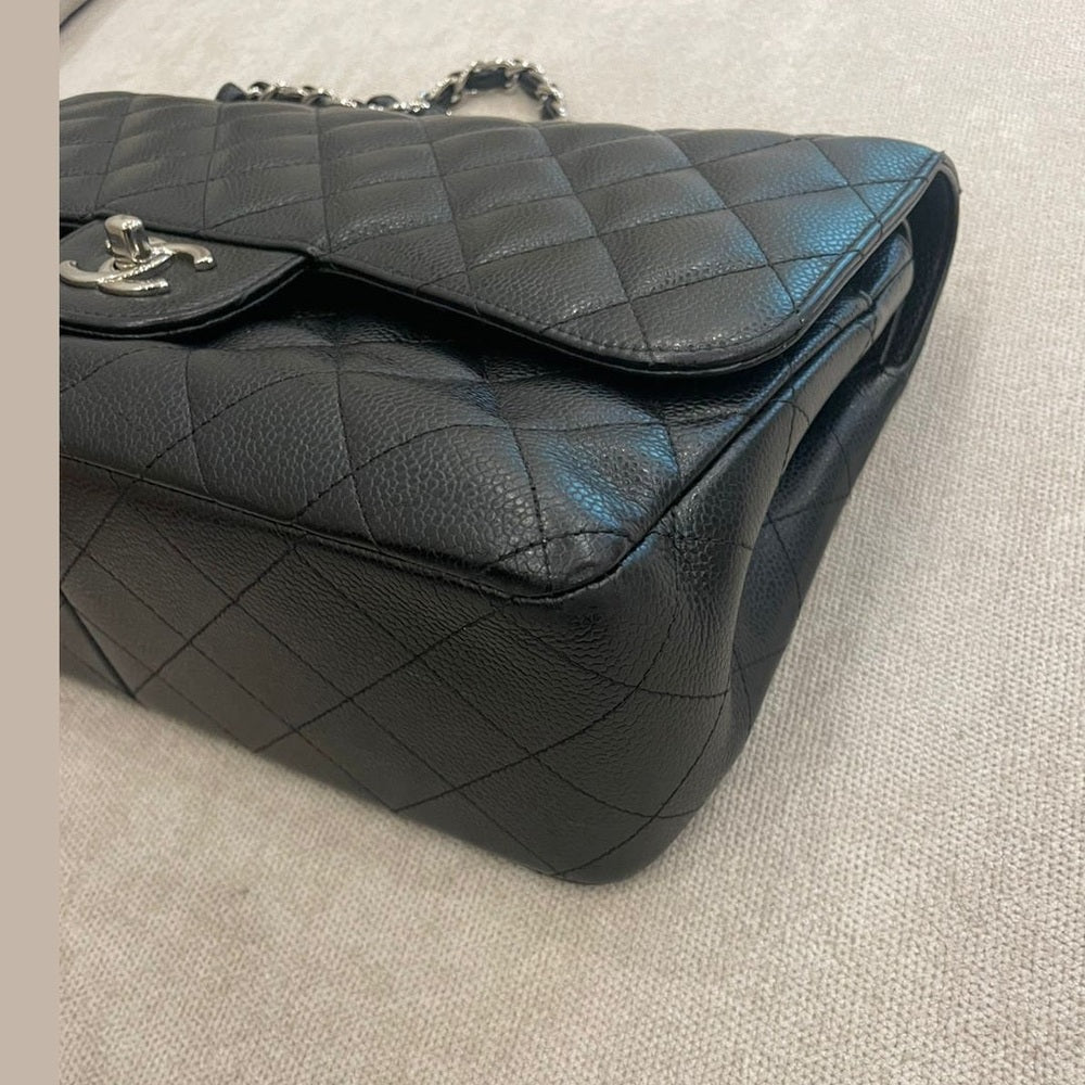 Chanel Black Caviar Leather Jumbo Double Flap Bag Silver Hardware with Entrupy Certificate