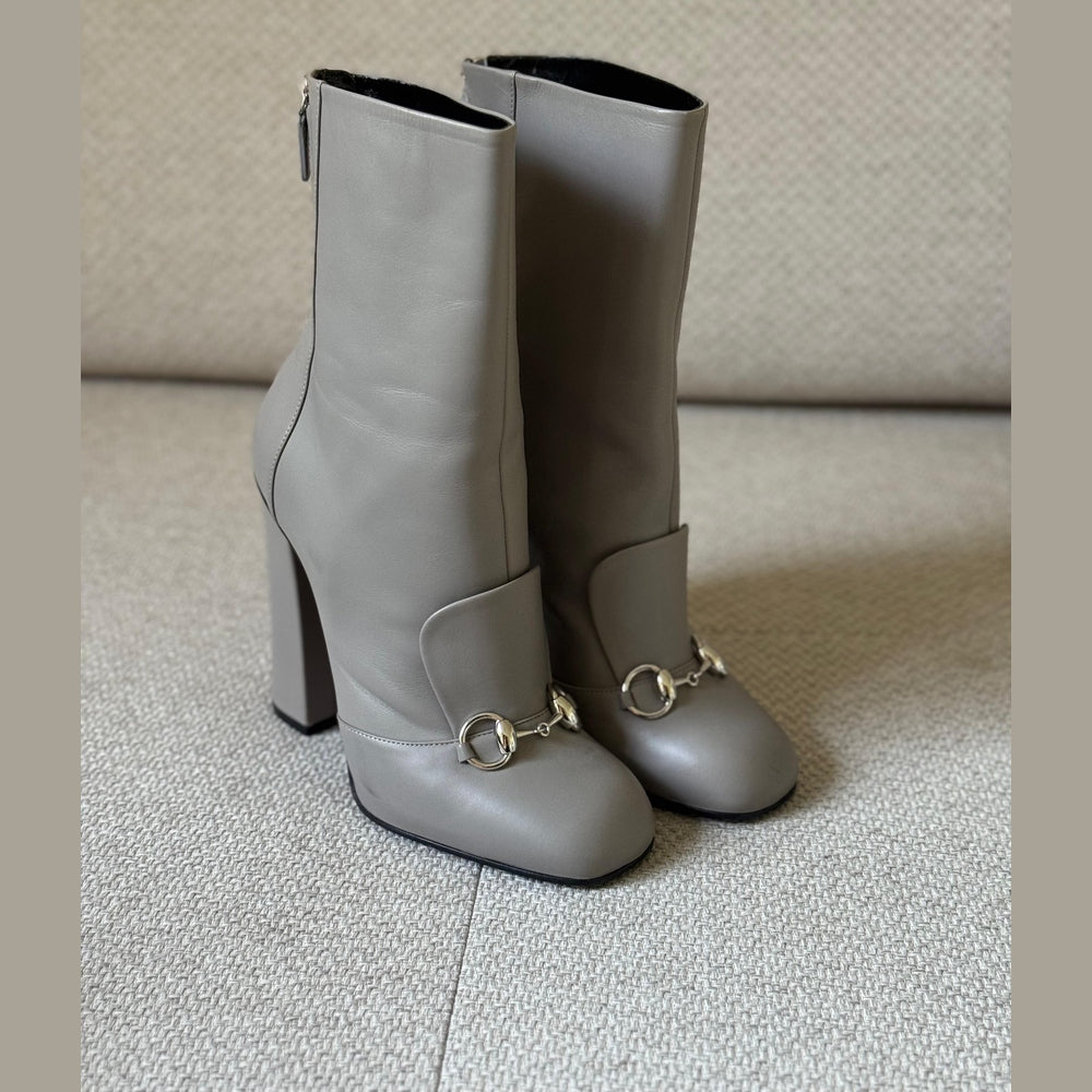 Gucci Grey Leather Horsebit Boots - Size 38.5
