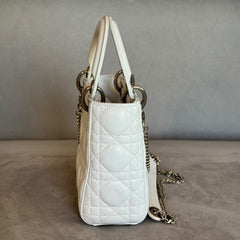 Christian Dior White Mini Lady Dior Bag with Strap (Restored)