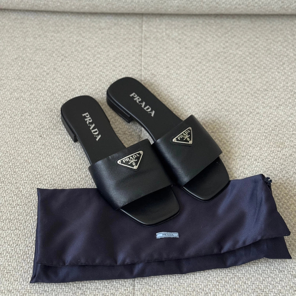 Prada Black Saffiano Leather Logo Slides - Size 38