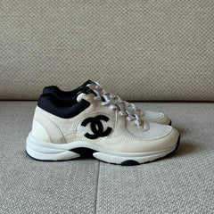 Chanel Beige & Black Calfskin / Mesh Sneakers - Size 39