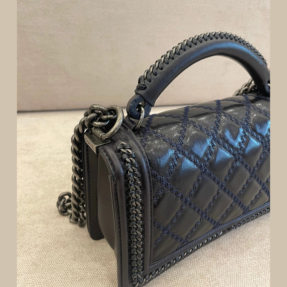 Chanel Medium Dark Blue Quilted Leather Wild Stitch Chain Boy Top Handle with Strap
