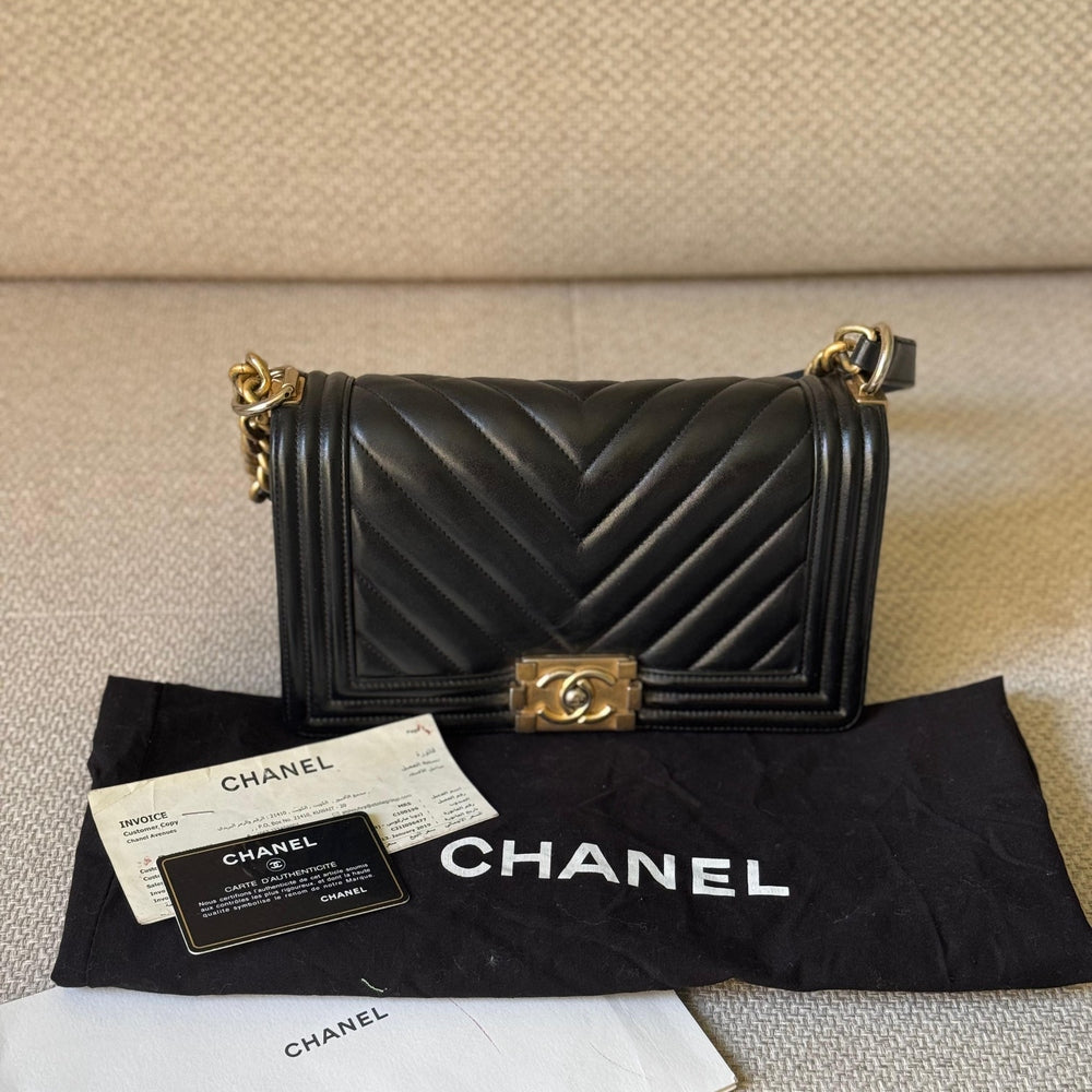 Chanel Black Chevron Leather Medium Boy with Gold Hardware