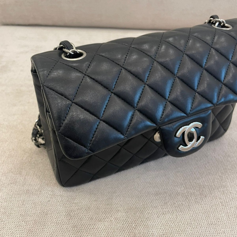 Chanel Black Medium Lambskin Double Flap Shoulder Bag Silver Hardware (DYED)