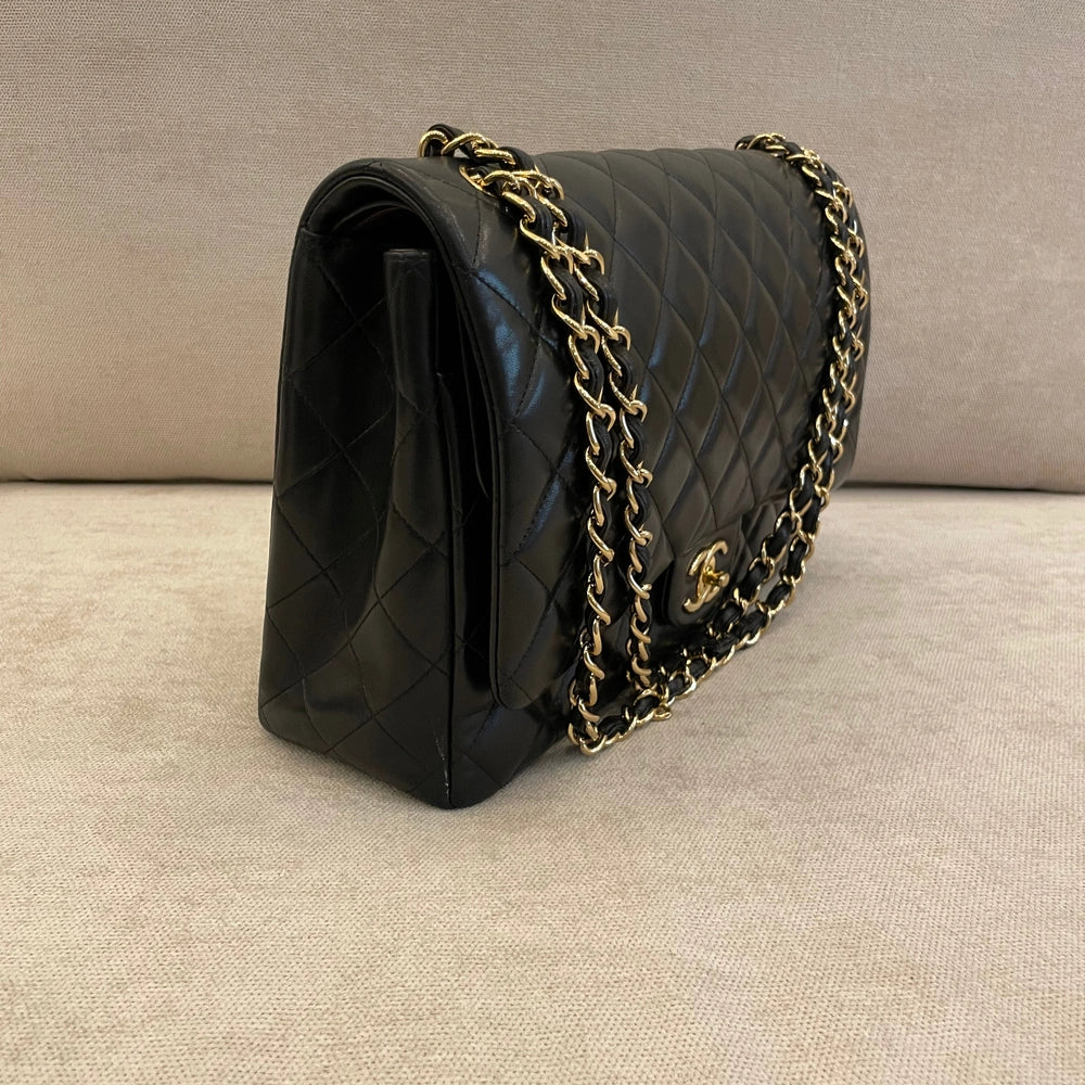 Chanel Black Maxi Lamskin Double Flap Shoulder Bag with GHW