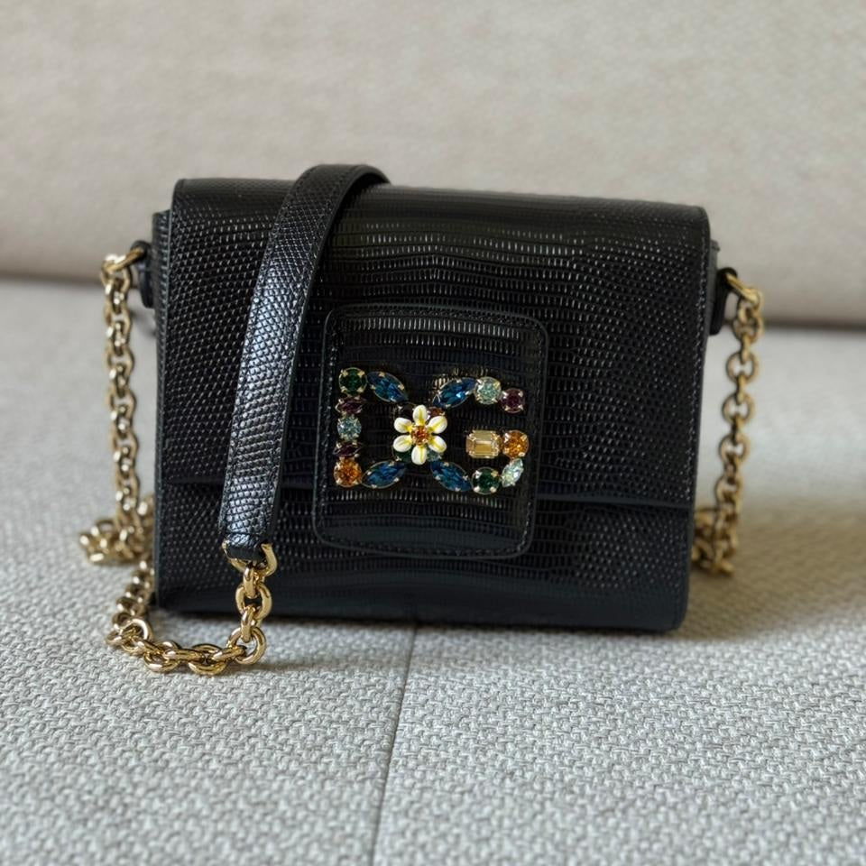 Dolce & Gabbana Millennials Lizard Leather Crossbody with Rhinestone-Embellished DG Logo