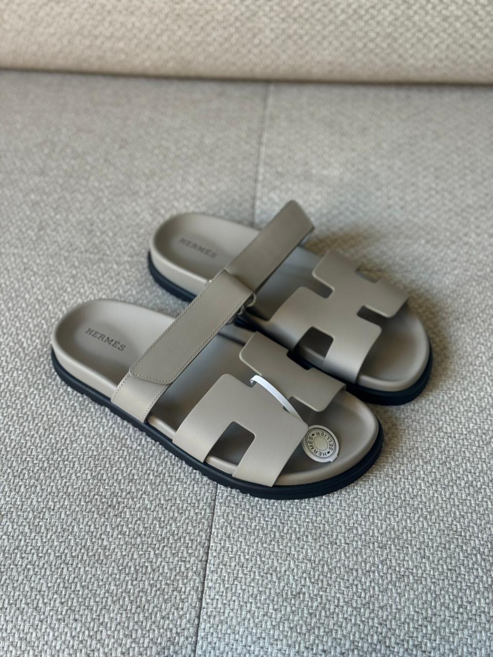 Hermès Beige Galet Calfskin Leather Chypre Sandals - Size 38