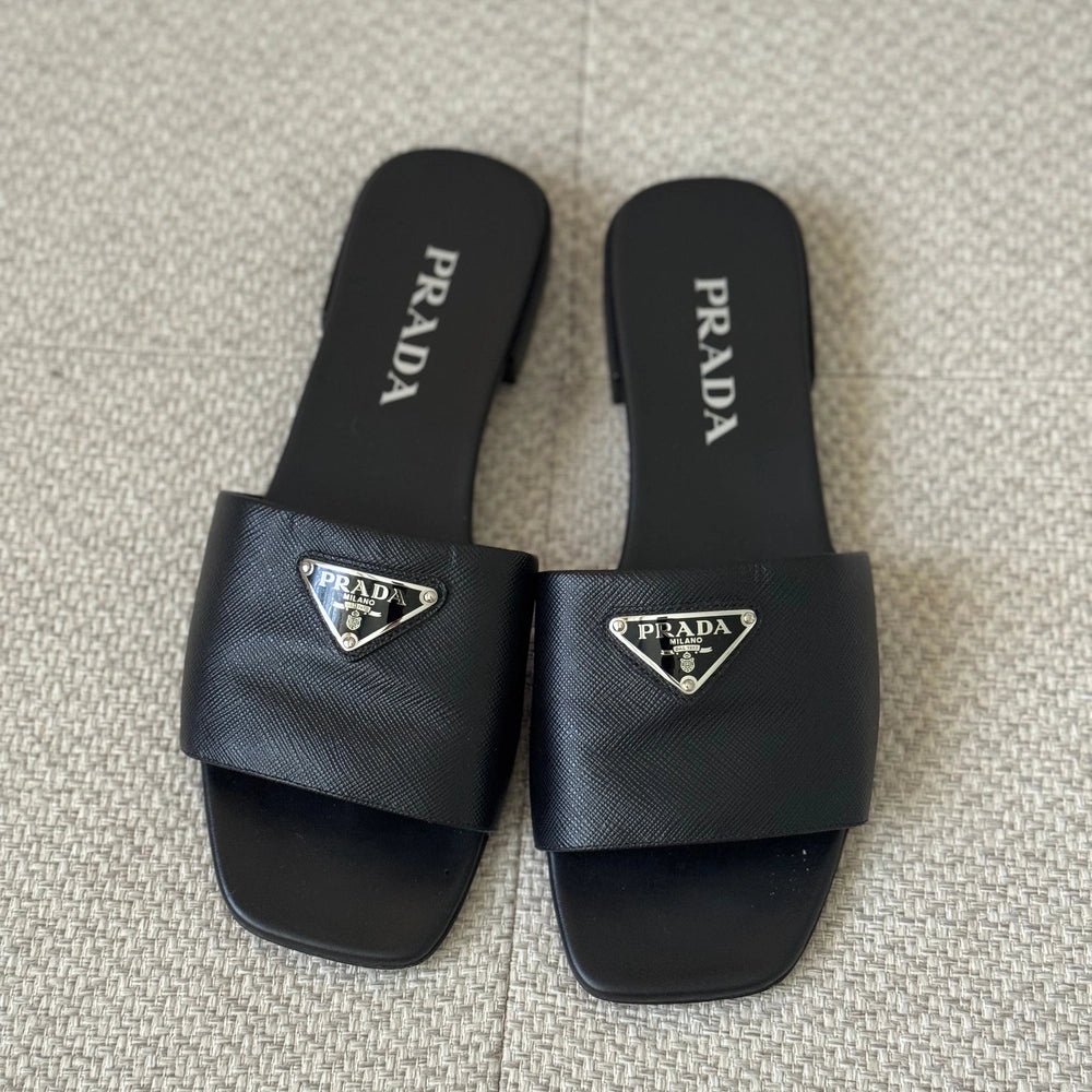 Prada Black Saffiano Leather Logo Slides - Size 38