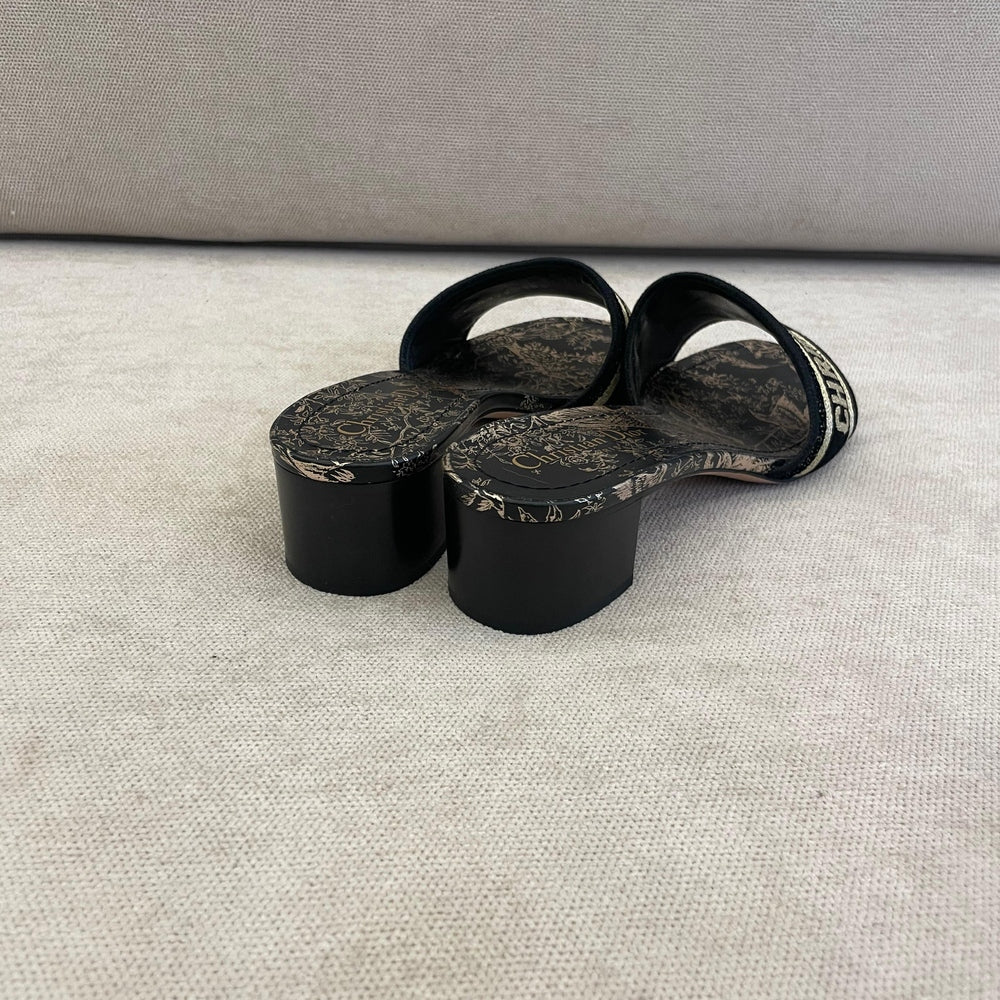 Christian Dior Black & Gold Dway Low Heel Slides - Size 38.5