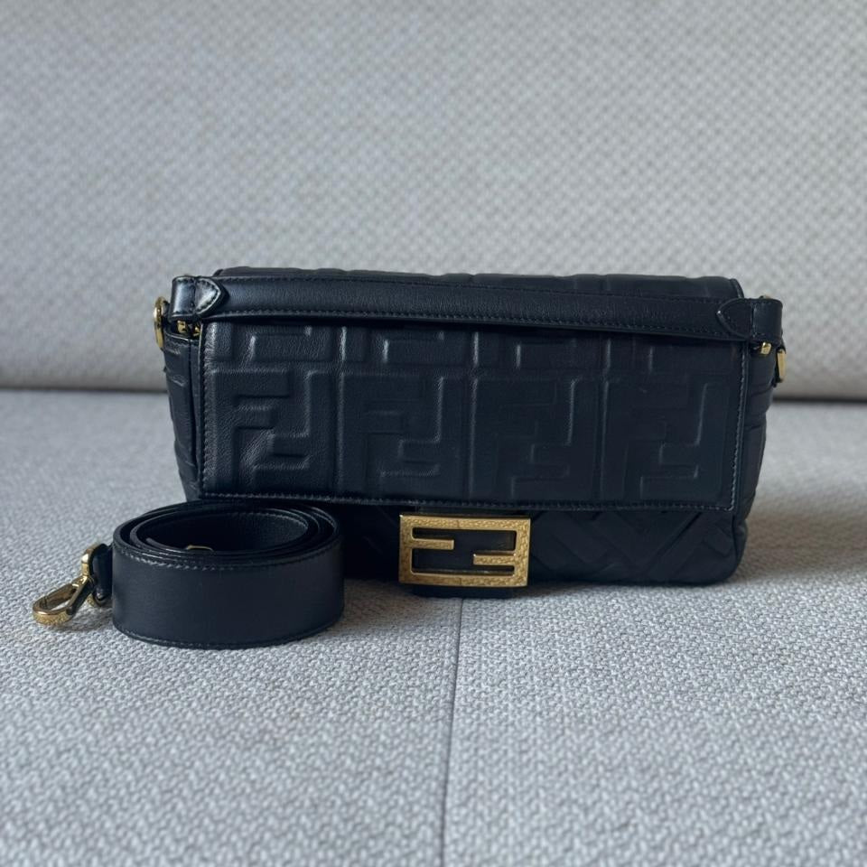 Fendi Black Embossed FF Nappa Leather Baguette Bag with Strap