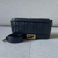 Fendi Black Embossed FF Nappa Leather Baguette Bag with Strap