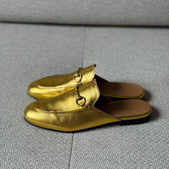 Gucci Gold Leather Princetown Mules - Size 37.5