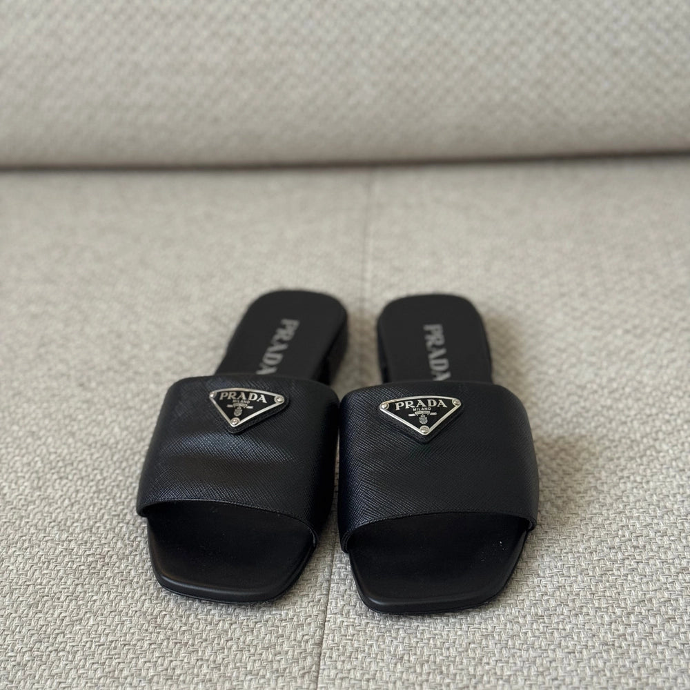 Prada Black Saffiano Leather Logo Slides - Size 38