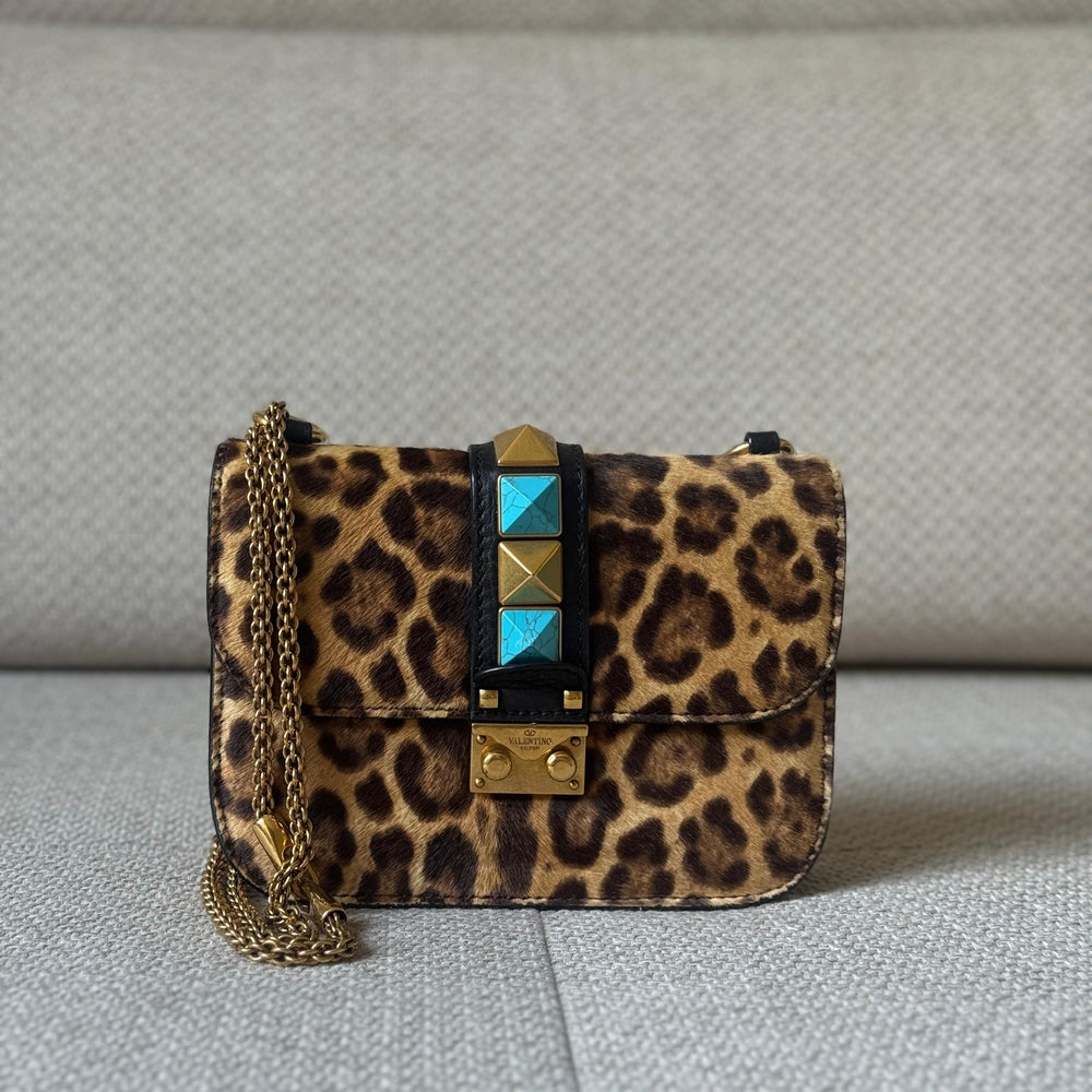 Valentino Leopard Calf Hair Rockstud Glam Lock Shoulder Bag