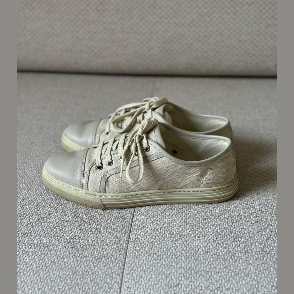 Gucci Off-White Leather and Canvas GG Low Top Sneakers - Size 38