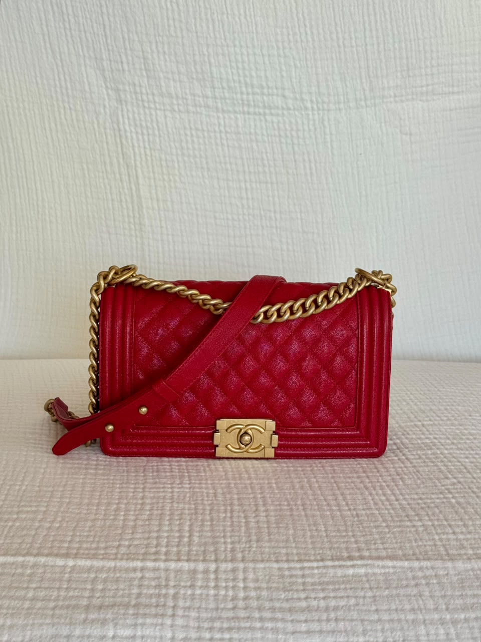 Chanel Red Medium Boy Caviar Leather Shoulder Bag