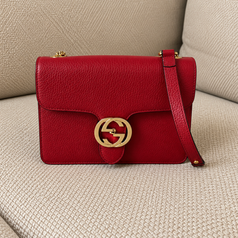 Gucci Red Pebbled Leather Interlocking G Shoulder Bag