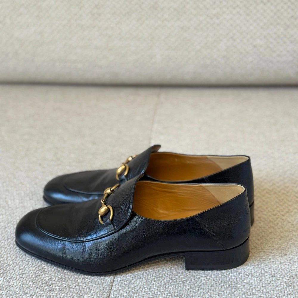 Gucci Jordaan Black Leather Horsebit Loafers - Size 39½