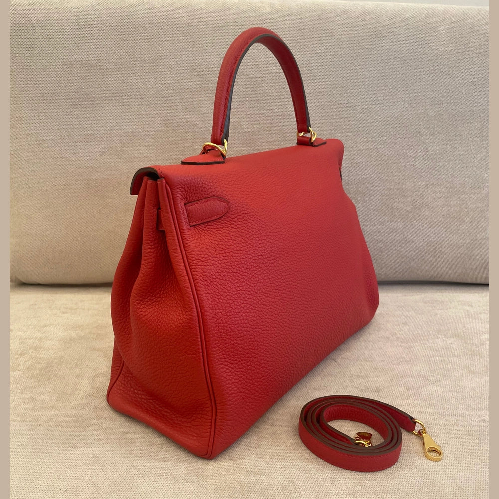 Hermès Rouge Casaque Kelly 35 Togo Leather GHW with Twilly and Entrupy Certificate