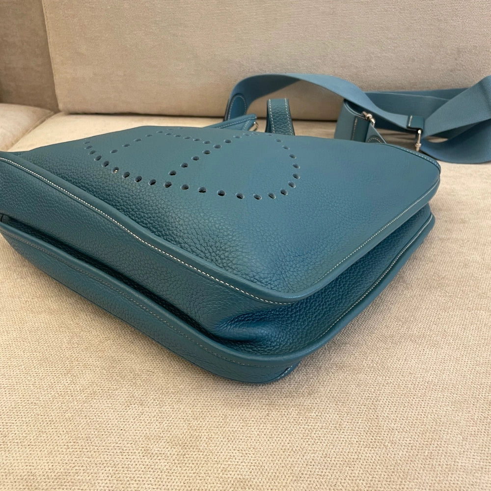 Hermès Evelyne GM in Blue Clemence Leather with Crossbody Strap and Entrupy Certificate