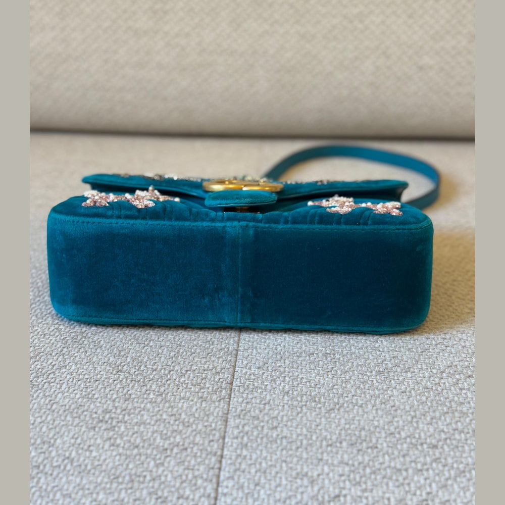 Gucci Velvet Embellished GG Marmont Shoulder Bag