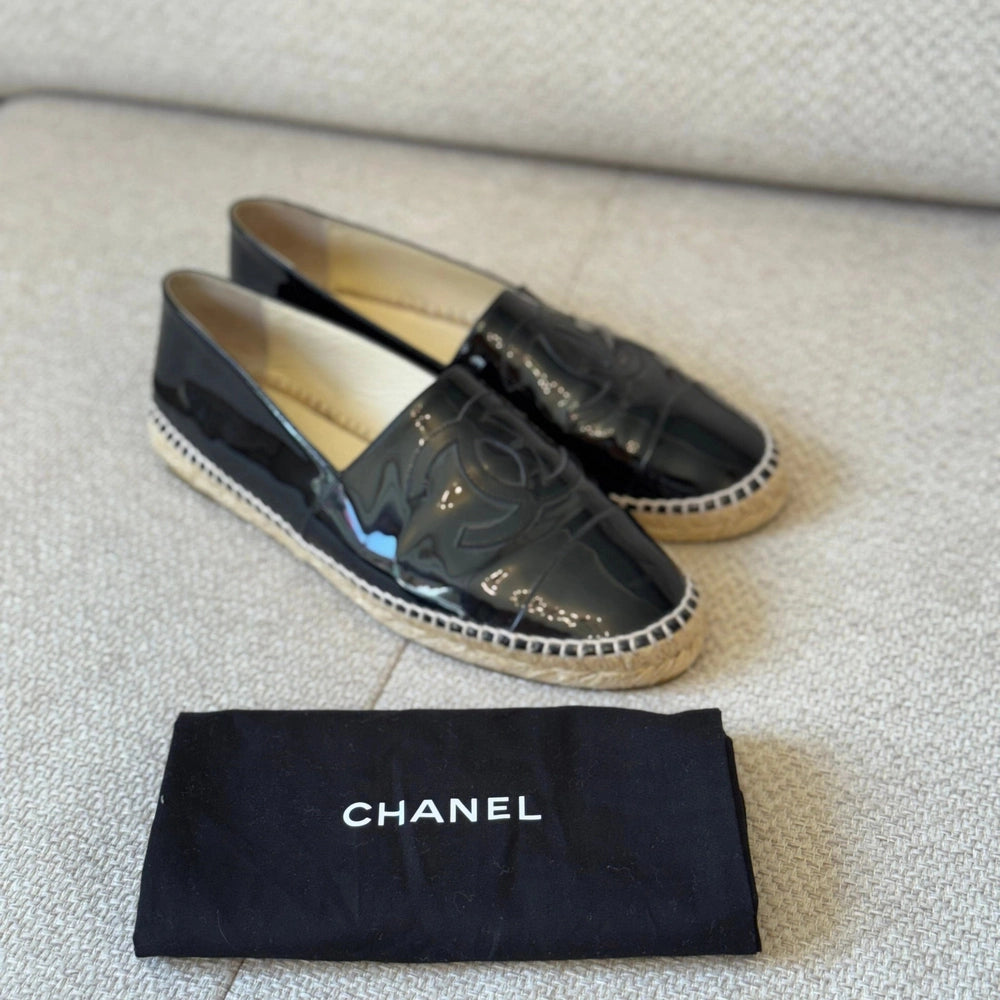 Chanel Black Patent CC Espadrilles - Size 41
