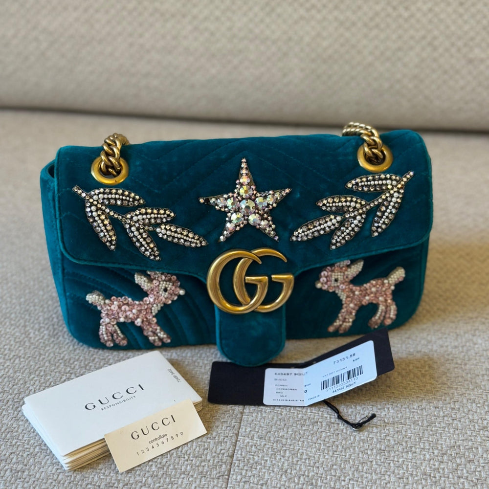 Gucci Velvet Embellished GG Marmont Shoulder Bag