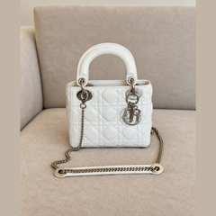 Christian Dior White Mini Lady Dior Bag with Strap (Restored)