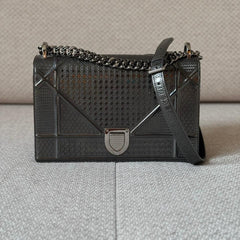 Christian Dior Microcannage Metallic Grey Diorama Medium Shoulder Bag