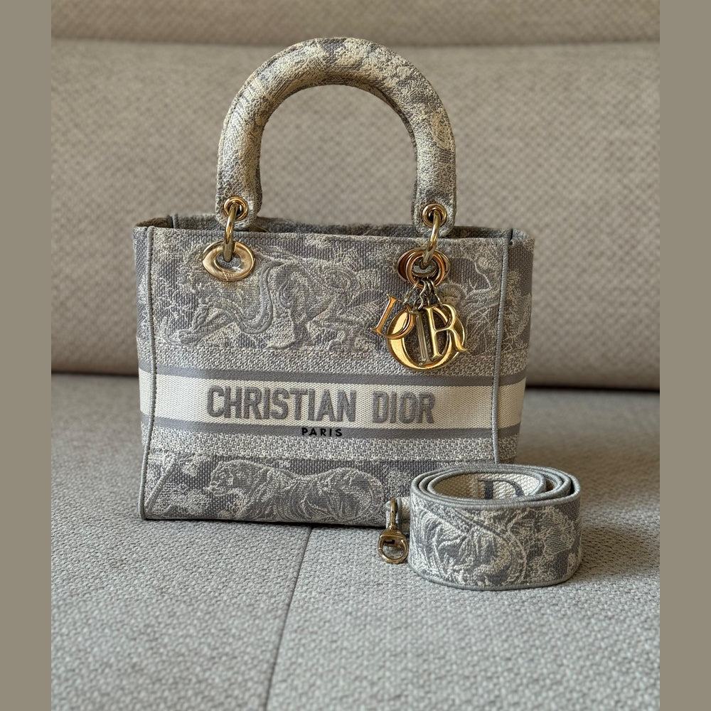 Christian Dior Grey Toile De Jouy Lady D-Lite Top Handle with Strap