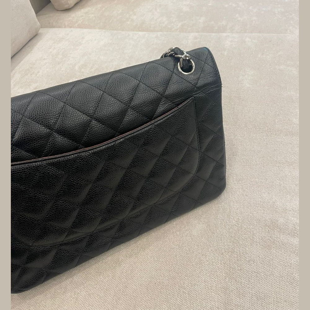 Chanel Black Caviar Leather Jumbo Double Flap Bag Silver Hardware with Entrupy Certificate