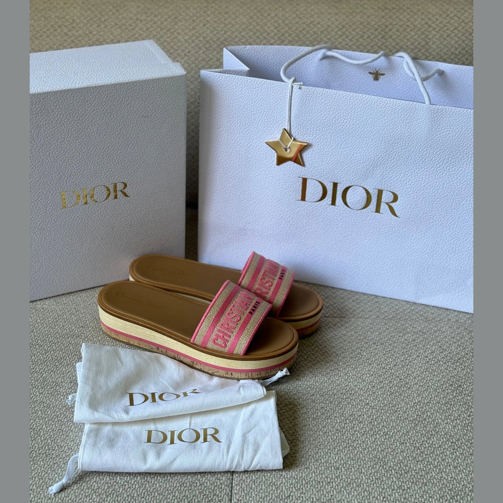 Christian Dior Dioriviera Dway Platform Slide Natural Raffia and Candy Pink Embroidered Cotton - Size 39
