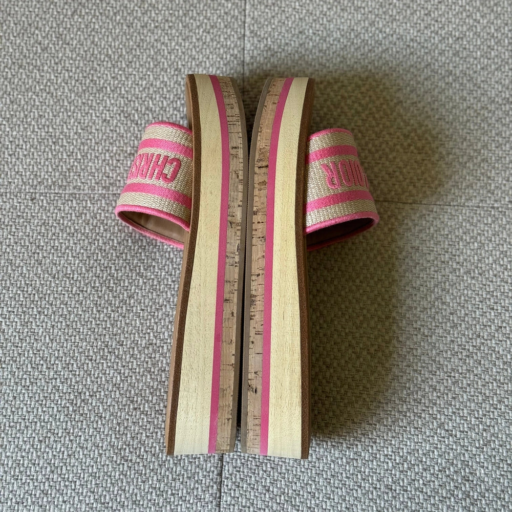 Christian Dior Dioriviera Dway Platform Slide Natural Raffia and Candy Pink Embroidered Cotton - Size 39
