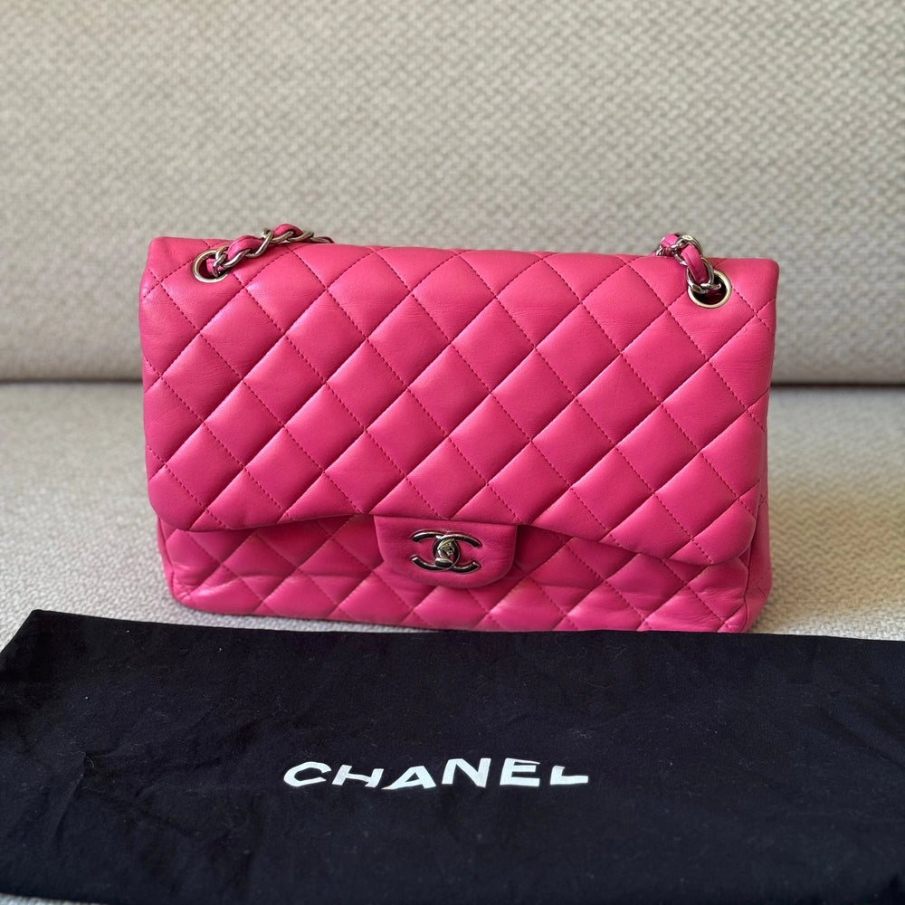Chanel Quilted Lambskin Leather Pink Jumbo Double Flap Bag (Restored)