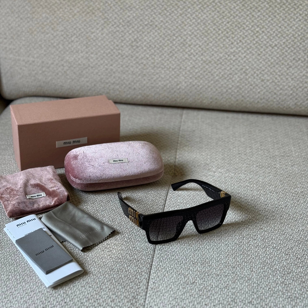 Miu Miu Black Square Sunglasses with Gold Logo Detail