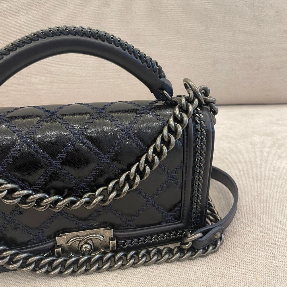 Chanel Medium Dark Blue Quilted Leather Wild Stitch Chain Boy Top Handle with Strap