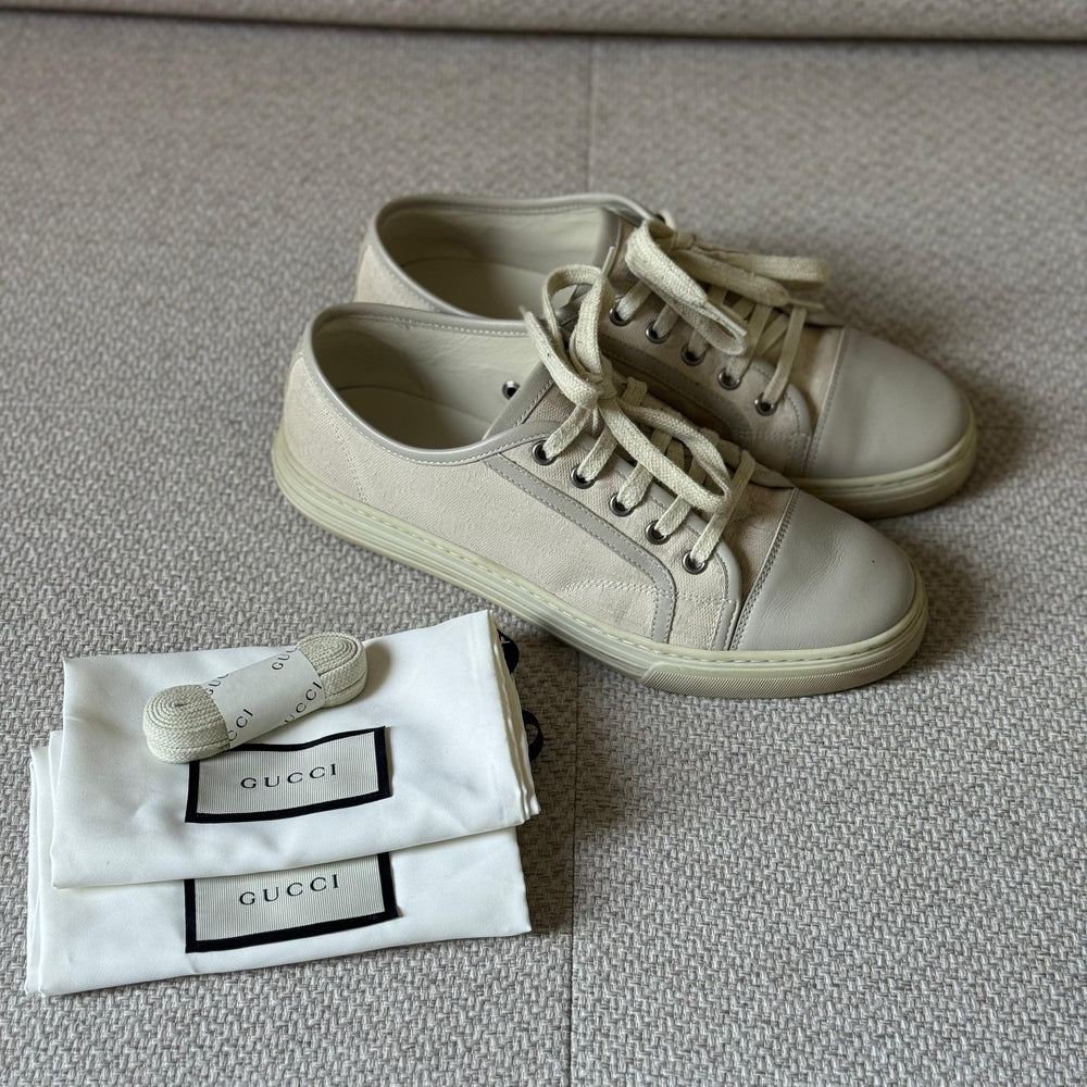 Gucci Off-White Leather and Canvas GG Low Top Sneakers - Size 38