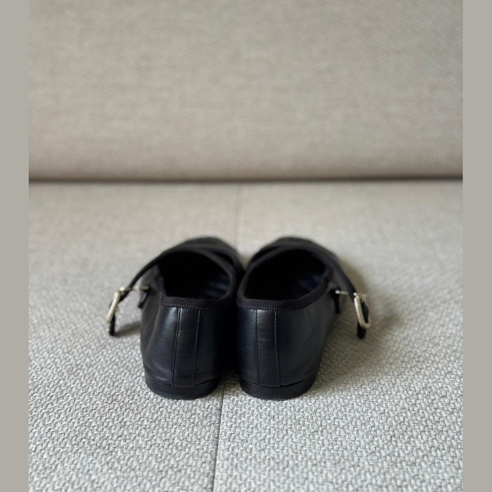 Chanel Black Leather Ballerina Mary Jane Flats - Size 37