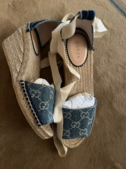 Gucci Denim Wedge Espadrille Sandals - Size 37