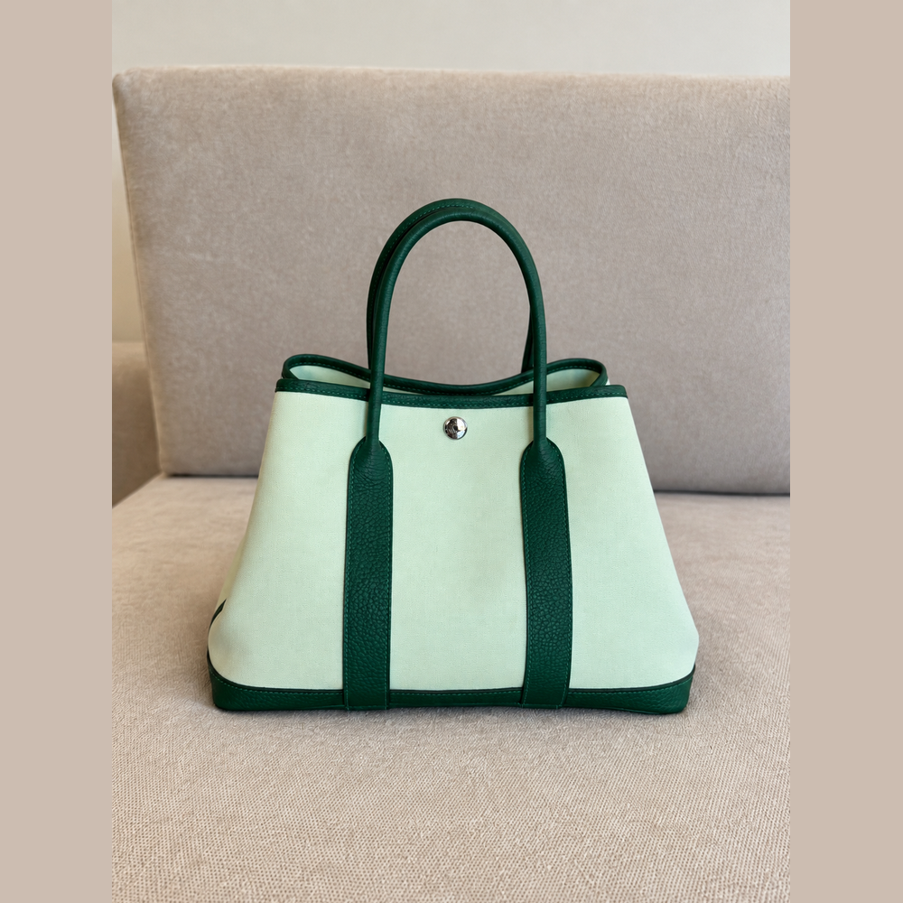 Hermès Garden Party 30 Tote in Green Canvas & Green Leather