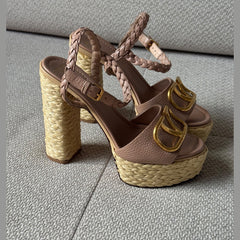 Valentino Garavani Pink Nude VLogo Raffia Platform Sandals – Size 37.5