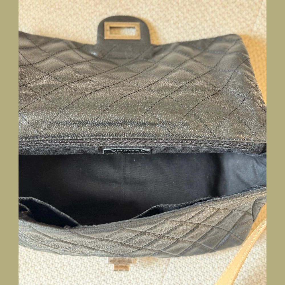 Chanel Reissue Messenger Flap Bag in Black Caviar Leather with Beige Leather Strap