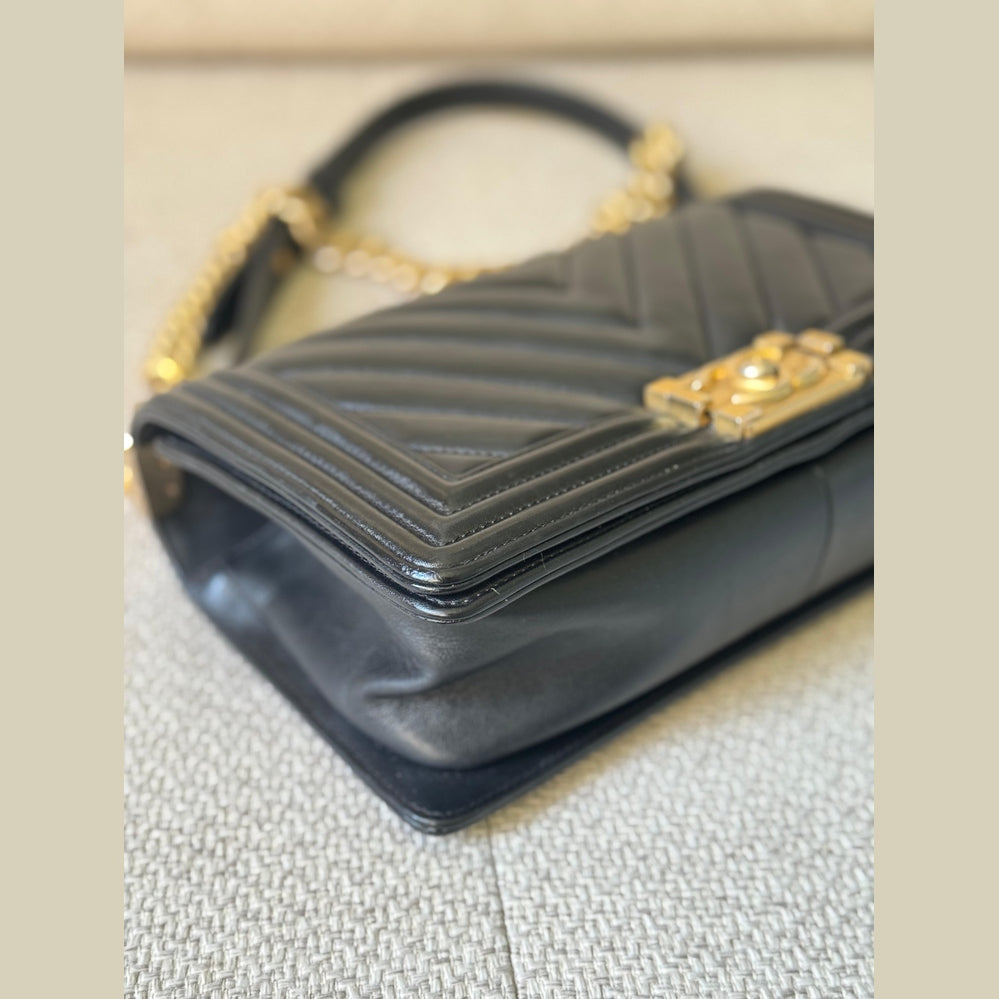 Chanel Black Chevron Leather Medium Boy with Gold Hardware