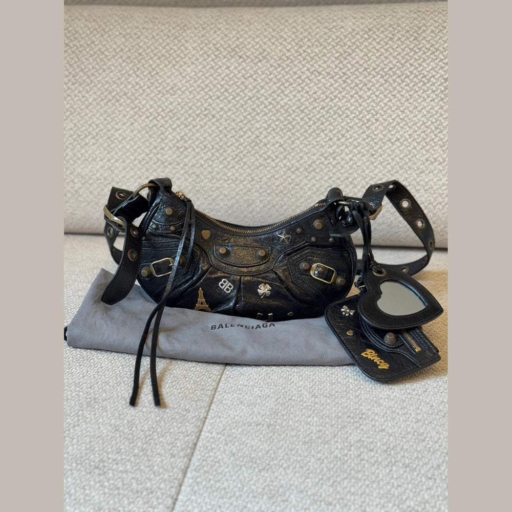 Balenciaga Le Cagole XS Shoulder Bag in Black Arena Lambskin with Charms
