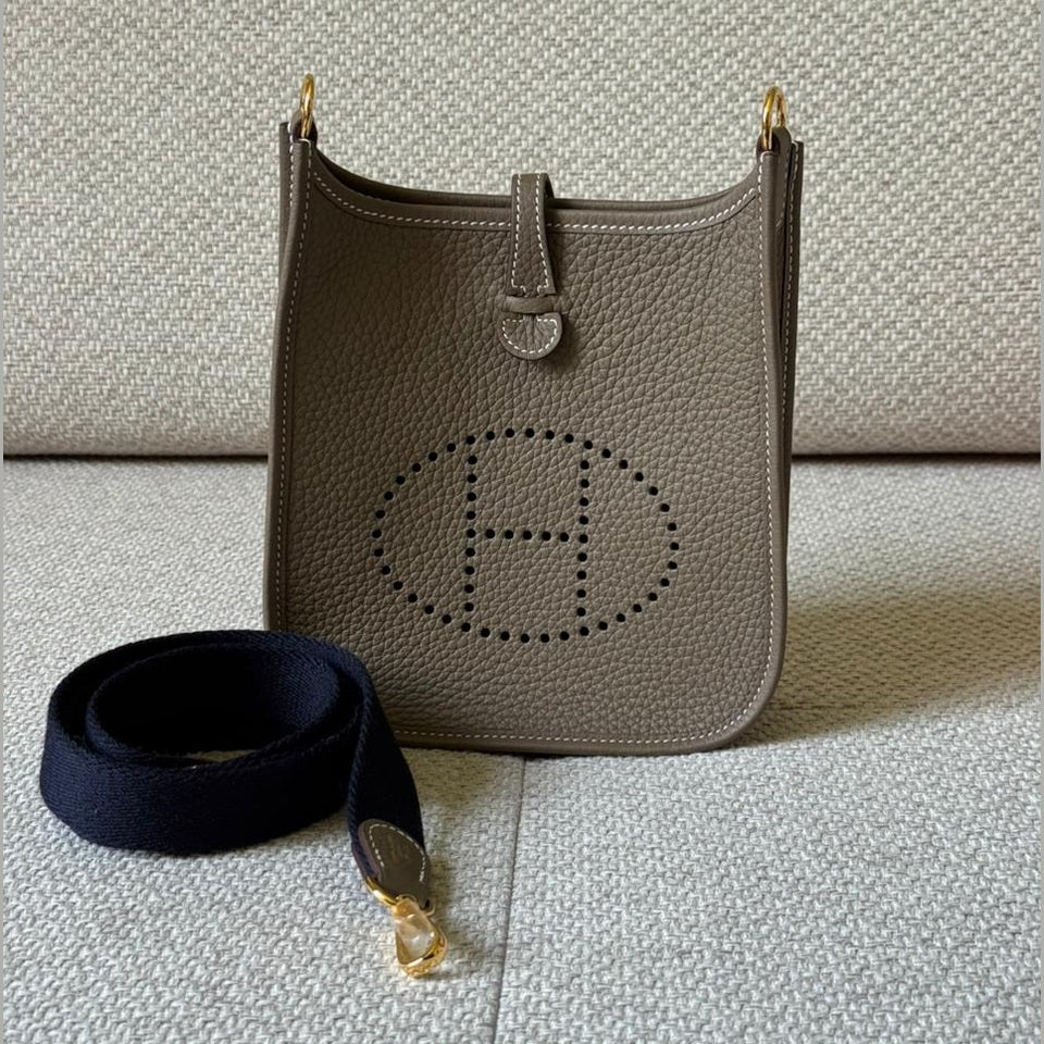Hermès Étoupe Mini Evelyne with Navy Strap & GHW - Stamp K