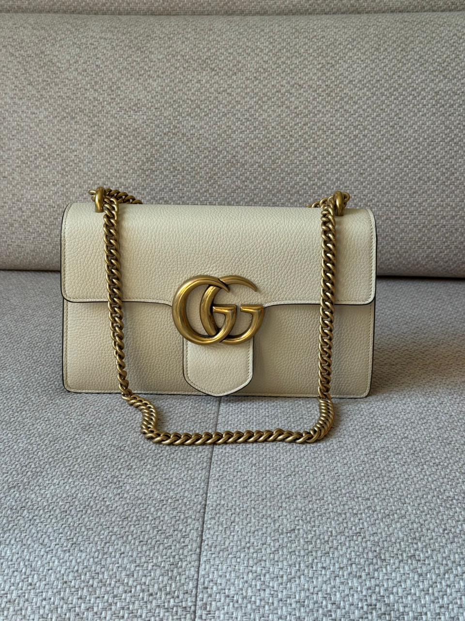 Gucci Calfskin Medium Mystic White GG Marmont Chain Handle Bag