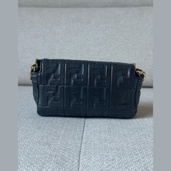 Fendi Black Embossed FF Nappa Leather Baguette Bag with Strap