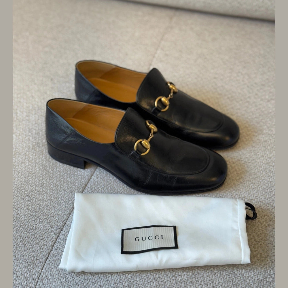 Gucci Jordaan Black Leather Horsebit Loafers - Size 39½