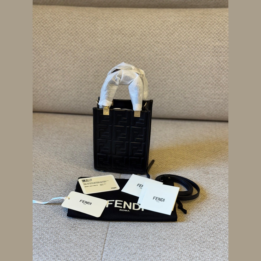 Fendi Black FF Embossed Leather Mini Sunshine Tote with Strap