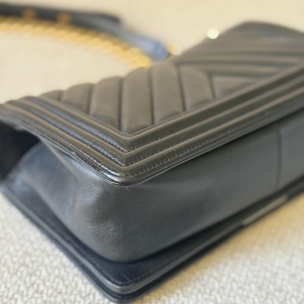 Chanel Black Chevron Leather Medium Boy with Gold Hardware